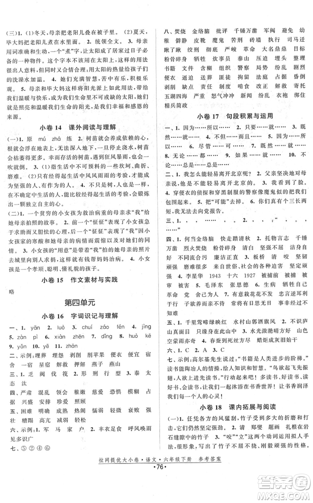 福建人民出版社2022拉網(wǎng)提優(yōu)大小卷六年級(jí)語(yǔ)文下冊(cè)人教版答案