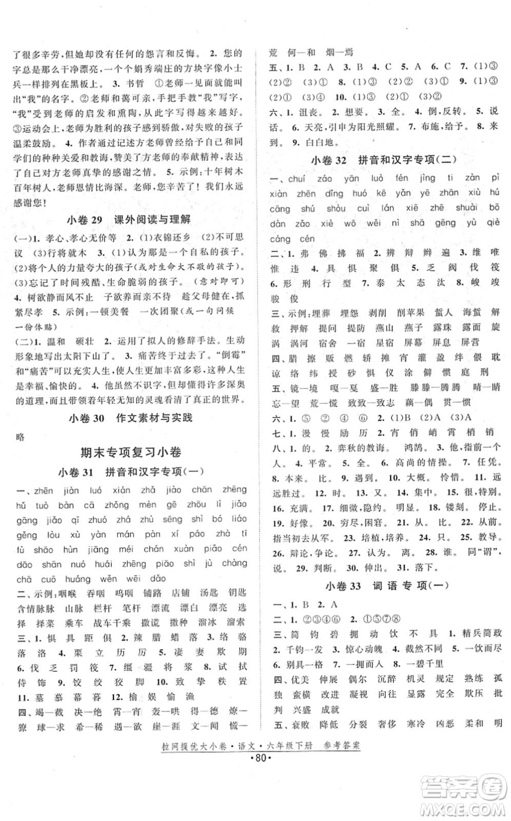 福建人民出版社2022拉網(wǎng)提優(yōu)大小卷六年級(jí)語(yǔ)文下冊(cè)人教版答案