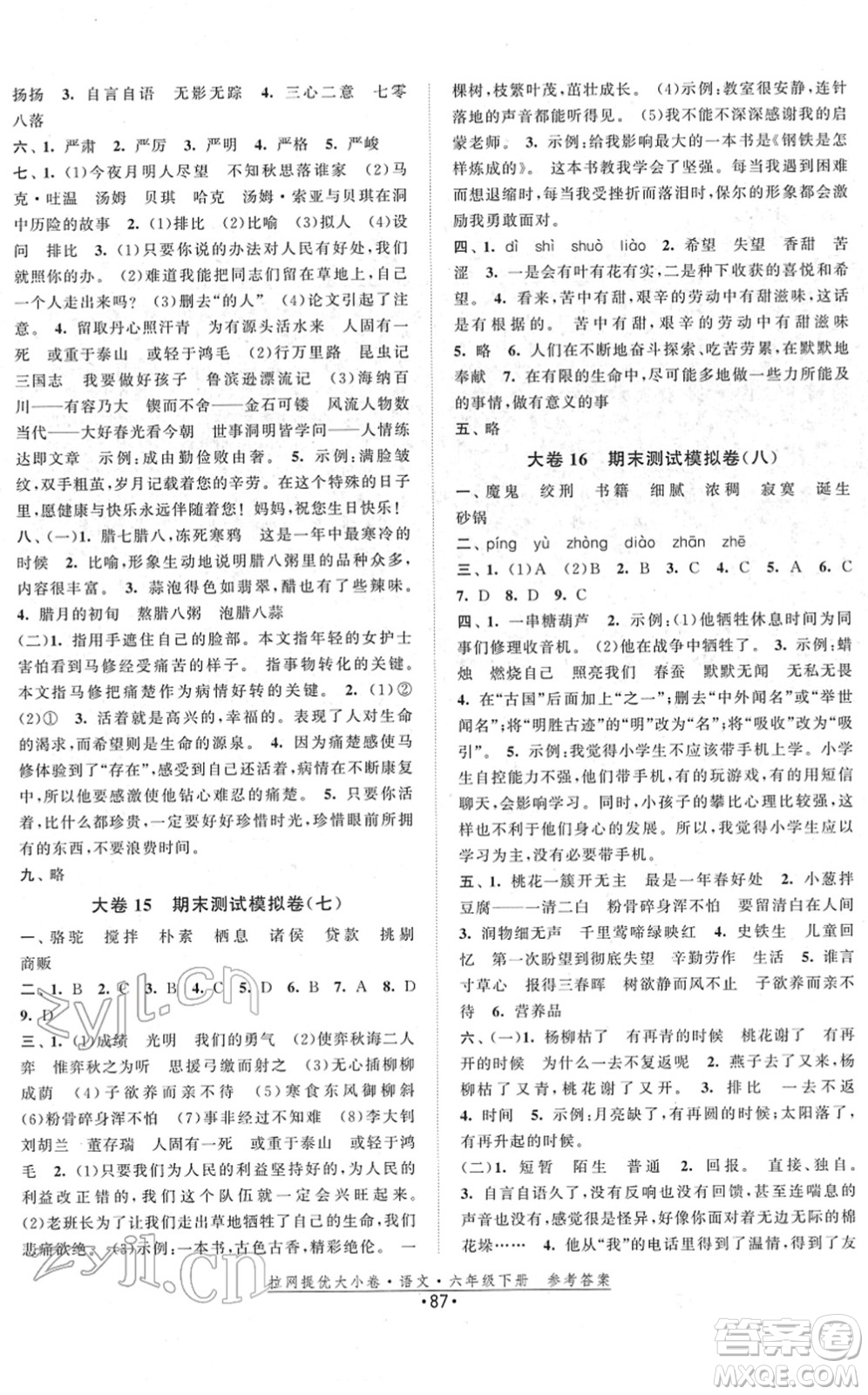 福建人民出版社2022拉網(wǎng)提優(yōu)大小卷六年級(jí)語(yǔ)文下冊(cè)人教版答案