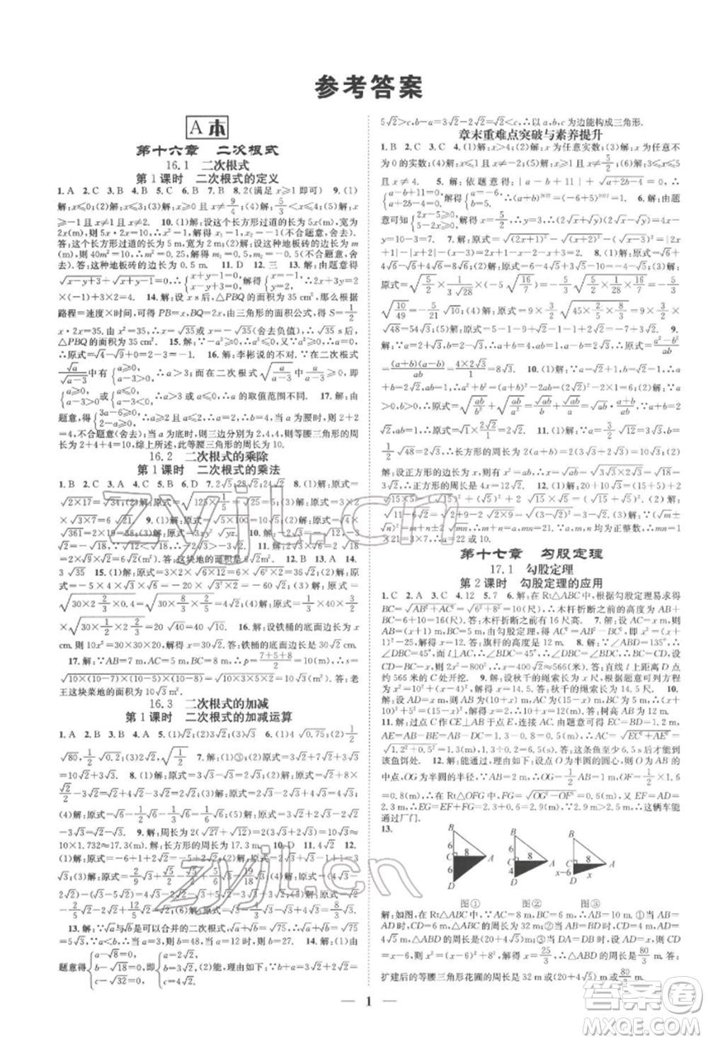 天津科學技術(shù)出版社2022智慧學堂核心素養(yǎng)提升法A本八年級下冊數(shù)學人教版臺州專版參考答案