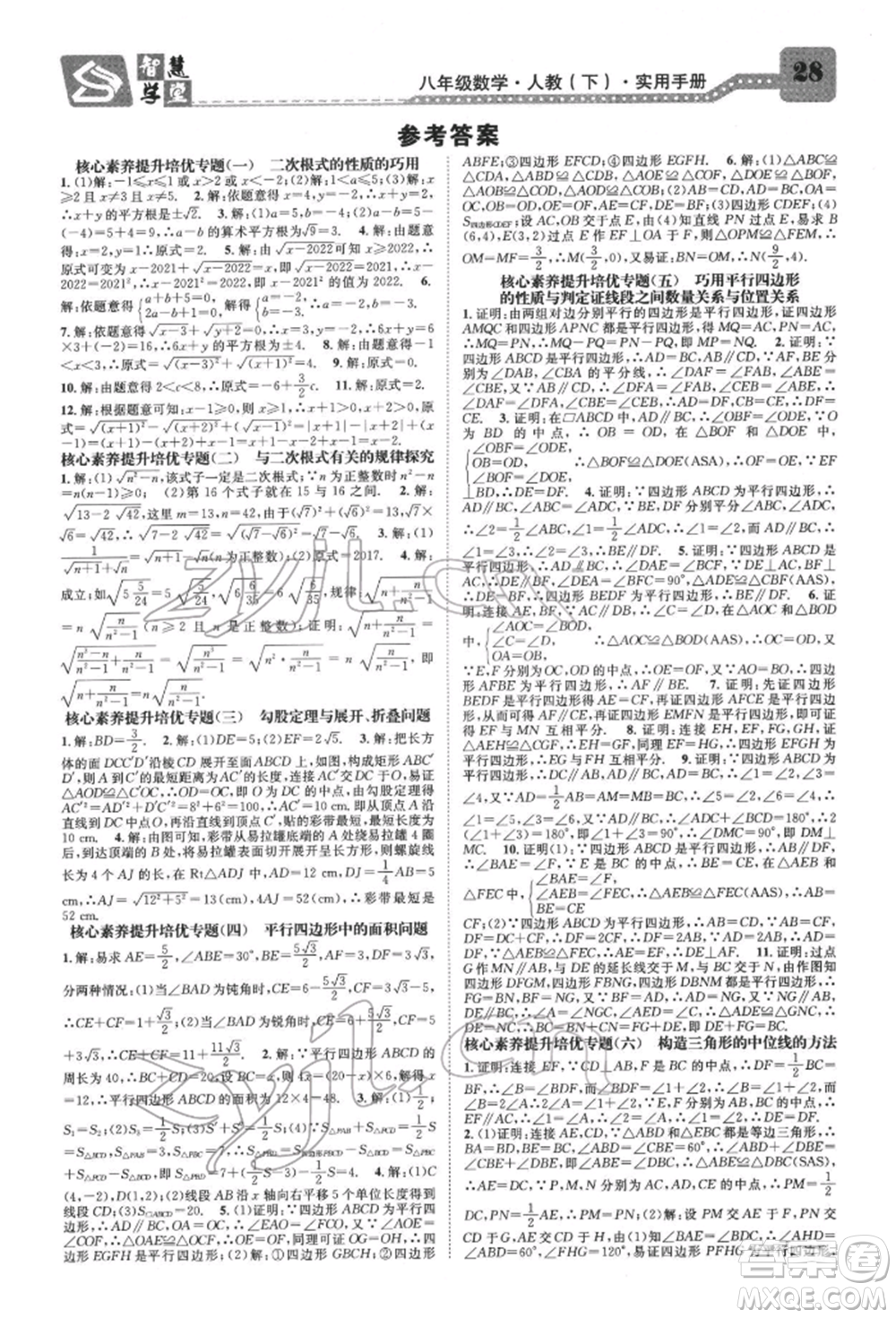 天津科學技術(shù)出版社2022智慧學堂核心素養(yǎng)提升法A本八年級下冊數(shù)學人教版臺州專版參考答案