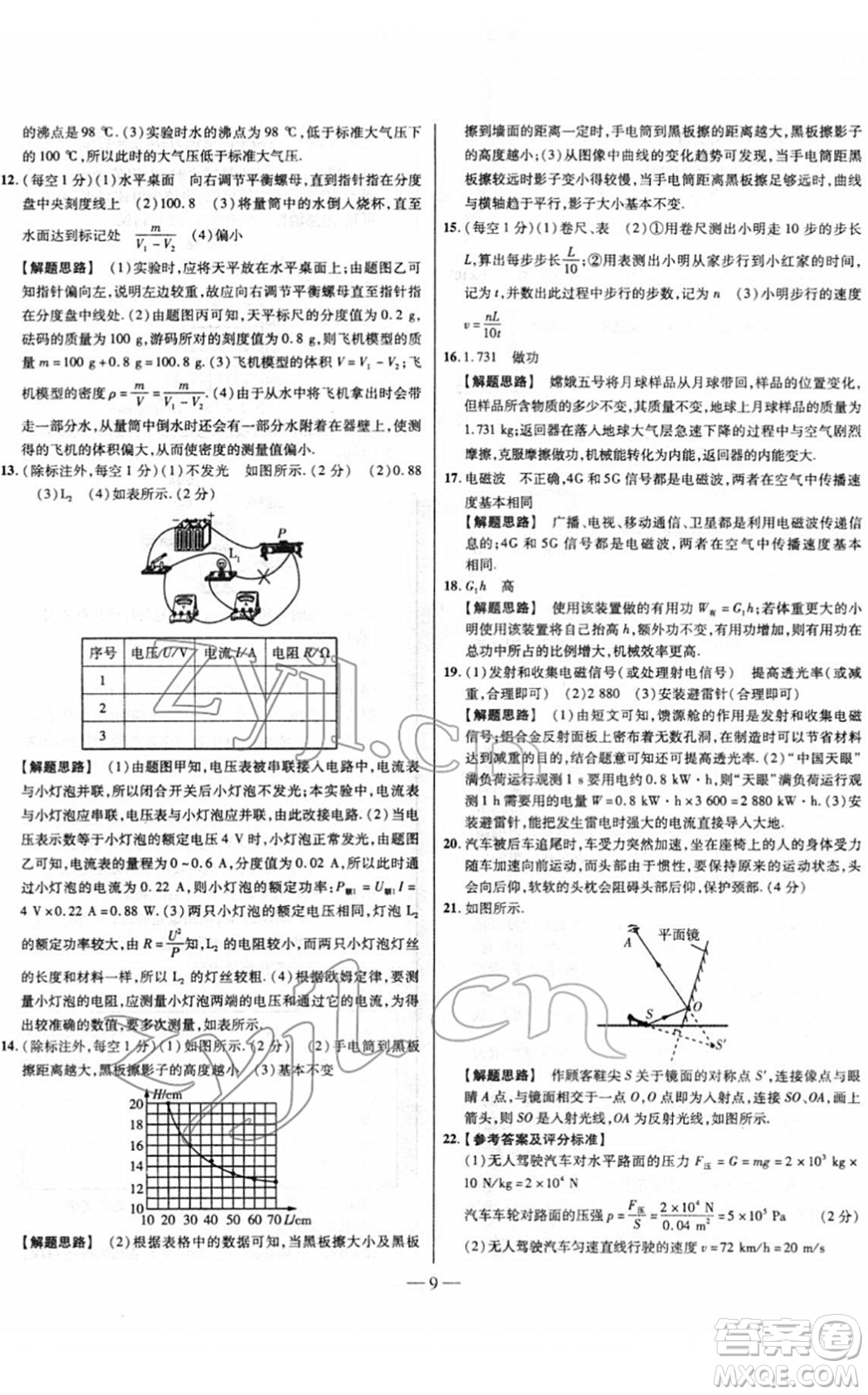 延邊大學(xué)出版社2022山西中考試題精選及詳解九年級(jí)物理人教版答案