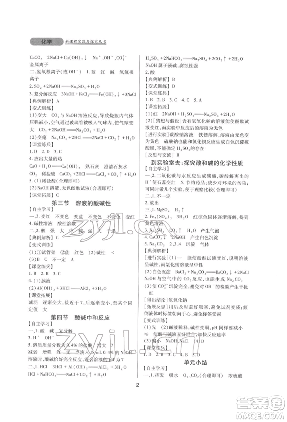 四川教育出版社2022新課程實踐與探究叢書九年級下冊化學山東教育版參考答案