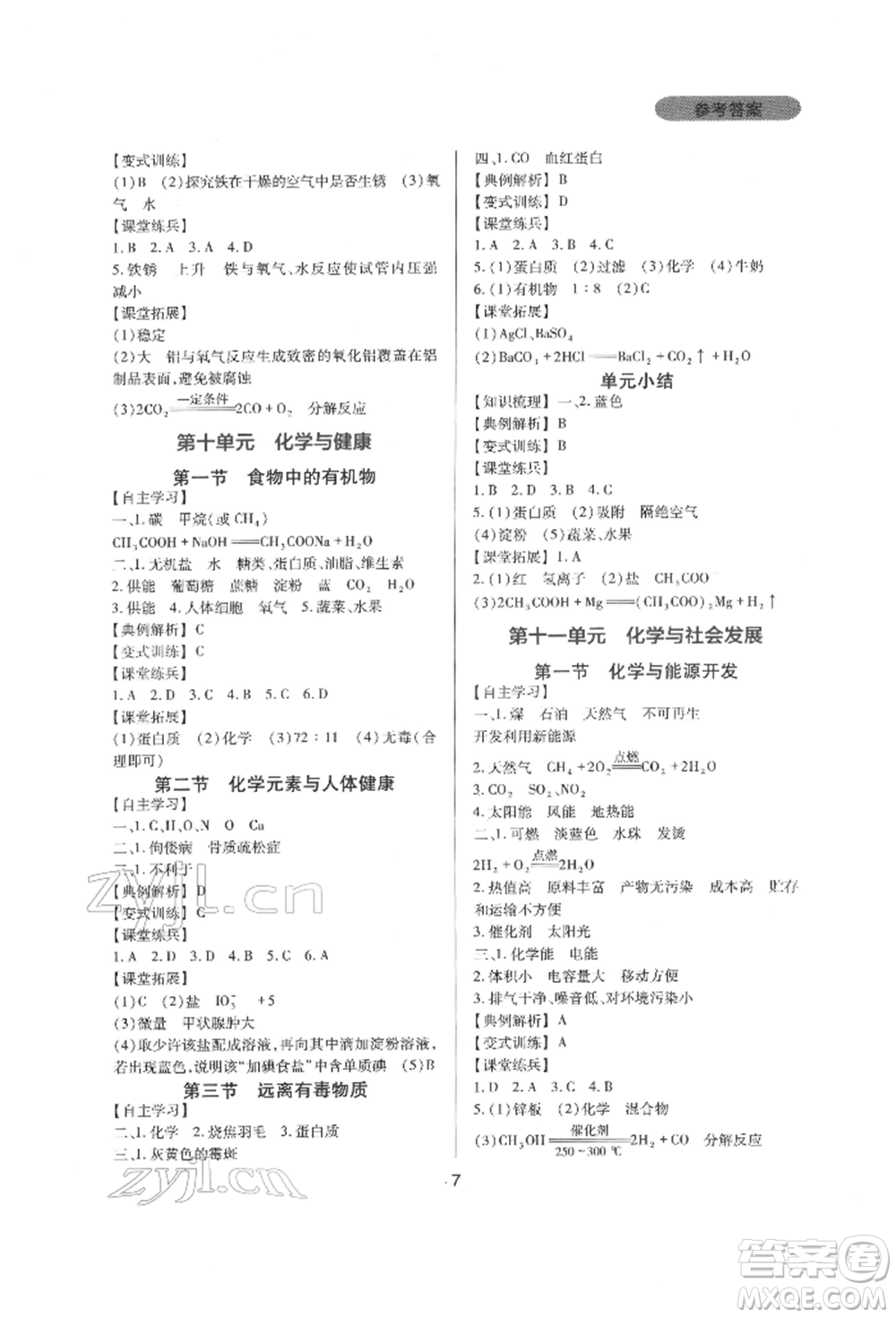四川教育出版社2022新課程實踐與探究叢書九年級下冊化學山東教育版參考答案