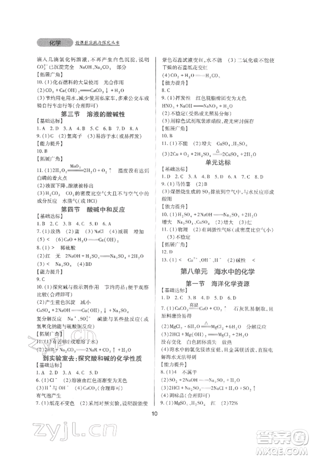 四川教育出版社2022新課程實踐與探究叢書九年級下冊化學山東教育版參考答案