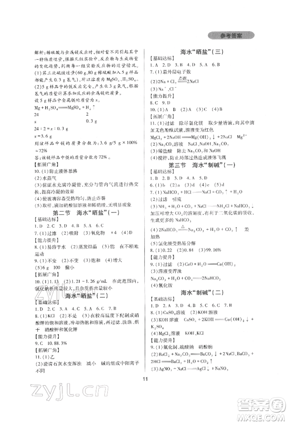 四川教育出版社2022新課程實踐與探究叢書九年級下冊化學山東教育版參考答案