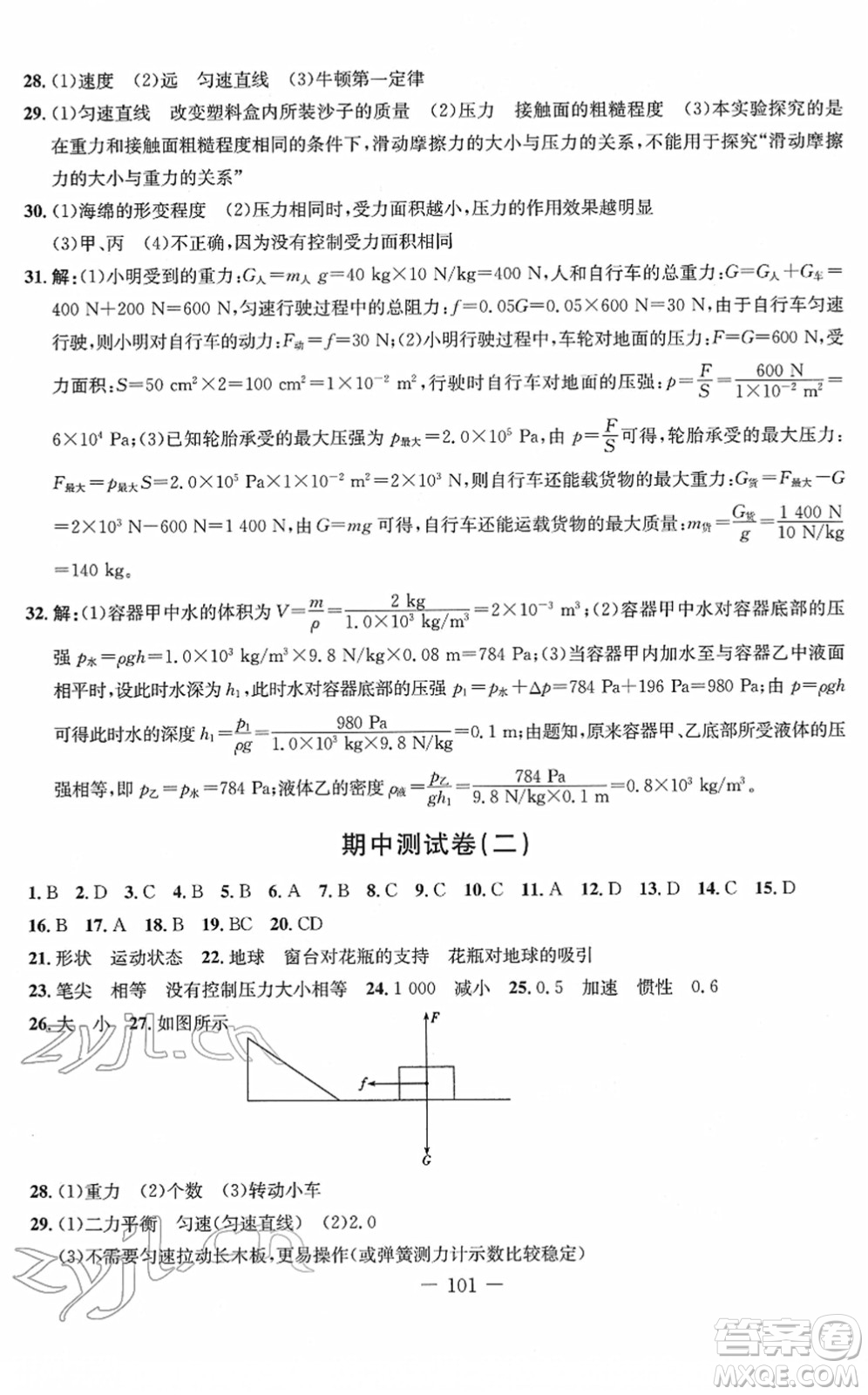 吉林教育出版社2022創(chuàng)新思維全程備考金題一卷通八年級(jí)物理下冊(cè)RJ人教版答案