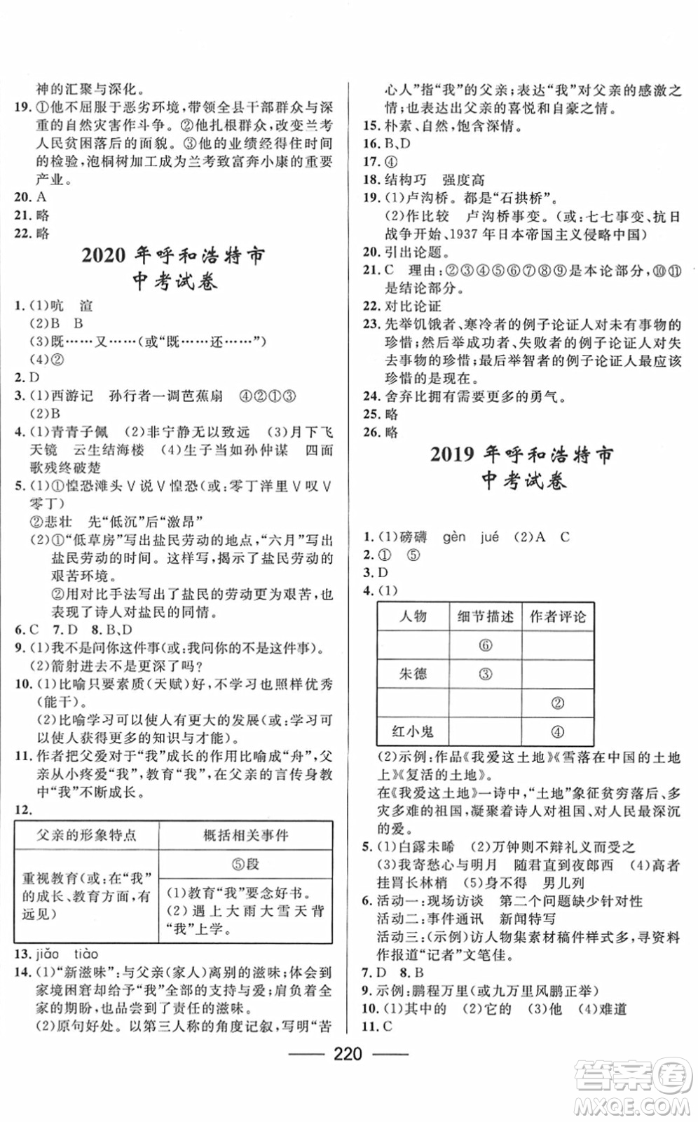 河北少年兒童出版社2022奪冠百分百內(nèi)蒙古中考試題調(diào)研九年級(jí)語文人教版答案