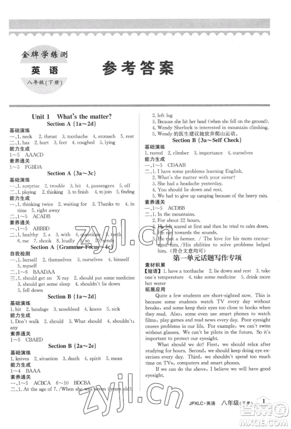 江西高校出版社2022金牌學(xué)練測八年級下冊英語人教版參考答案