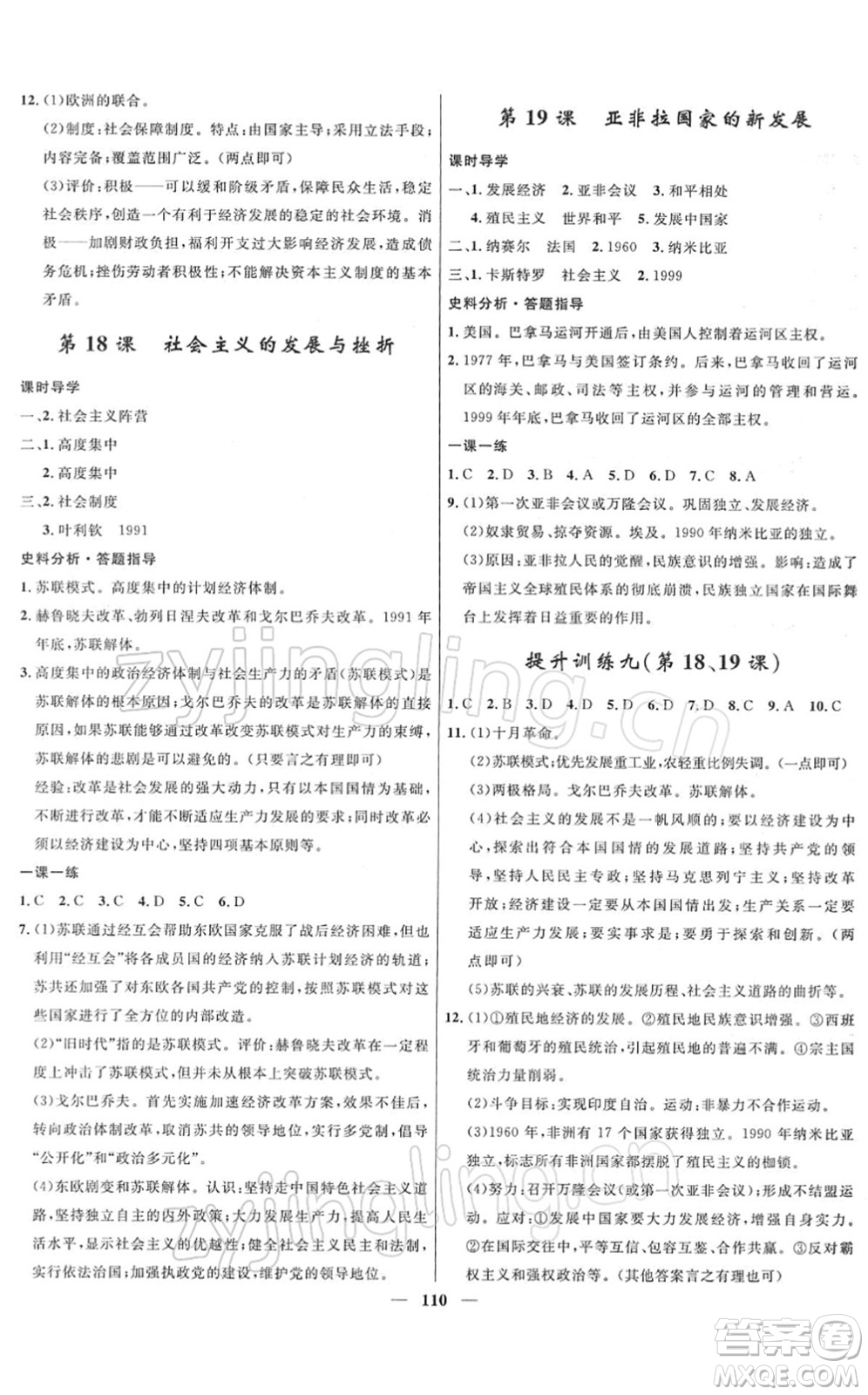 河北少年兒童出版社2022奪冠百分百新導學課時練九年級歷史下冊人教版答案
