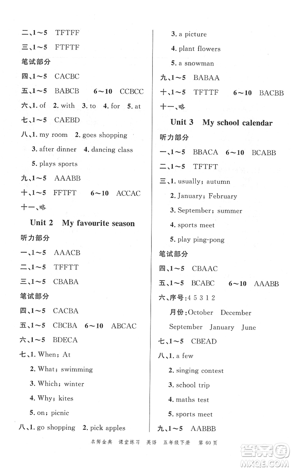 廣東經(jīng)濟(jì)出版社2022名師金典課堂練習(xí)五年級(jí)英語(yǔ)下冊(cè)人教版答案