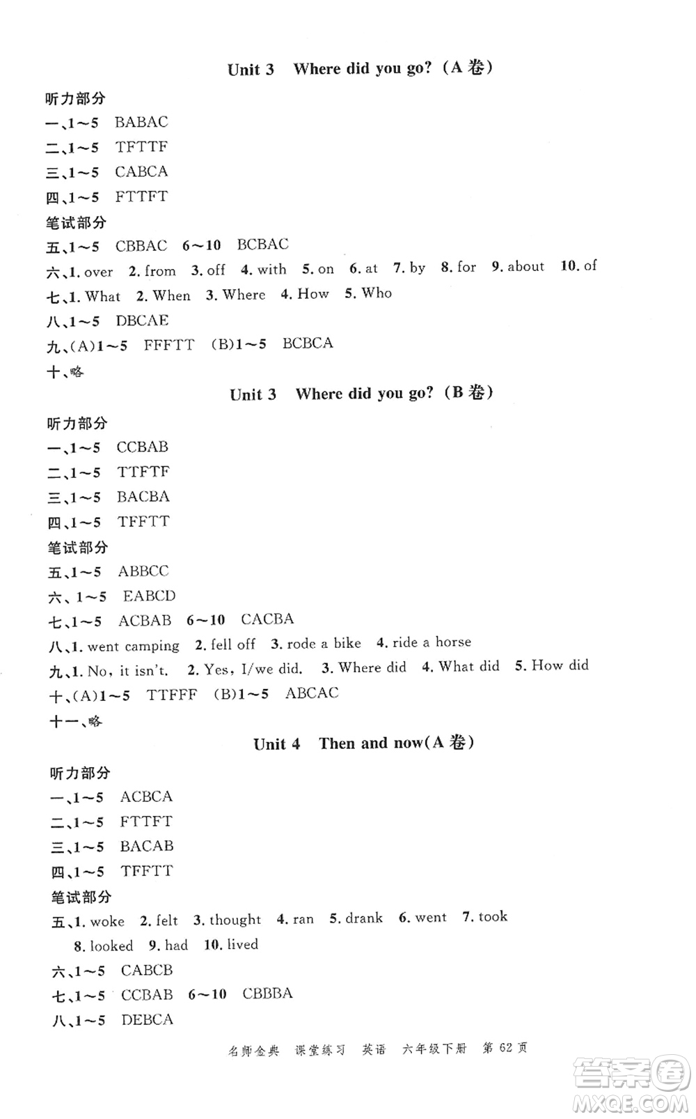 廣東經(jīng)濟(jì)出版社2022名師金典課堂練習(xí)六年級英語下冊人教版答案