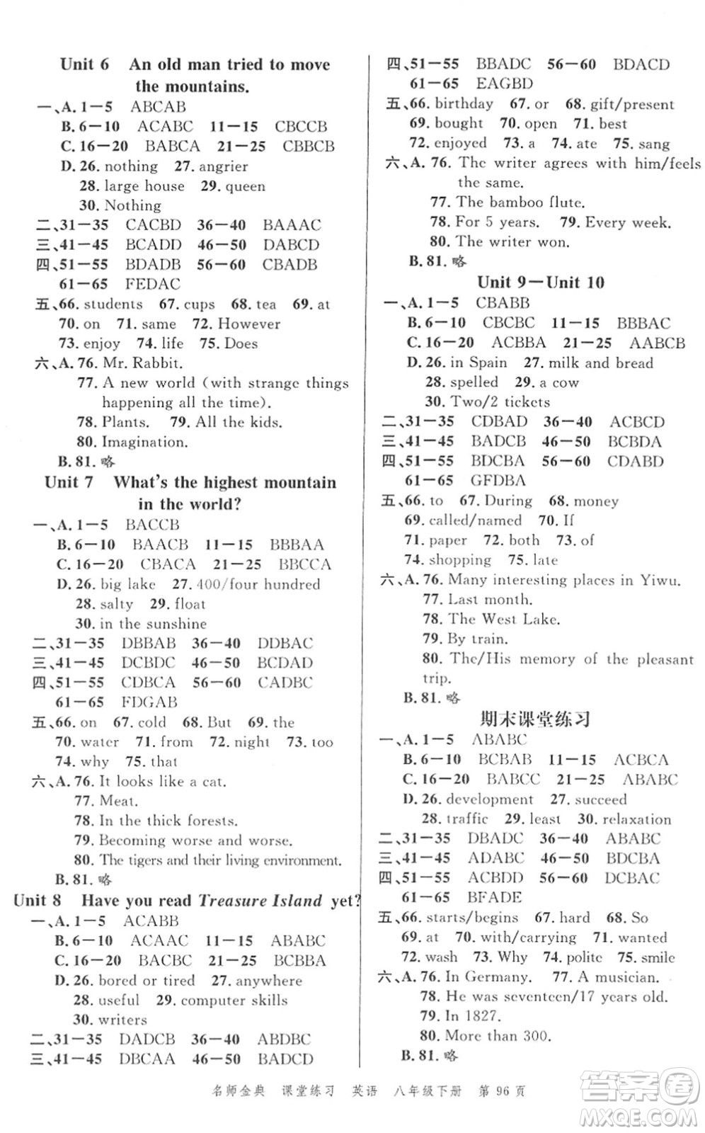 廣東經(jīng)濟出版社2022名師金典課堂練習(xí)八年級英語下冊人教版答案