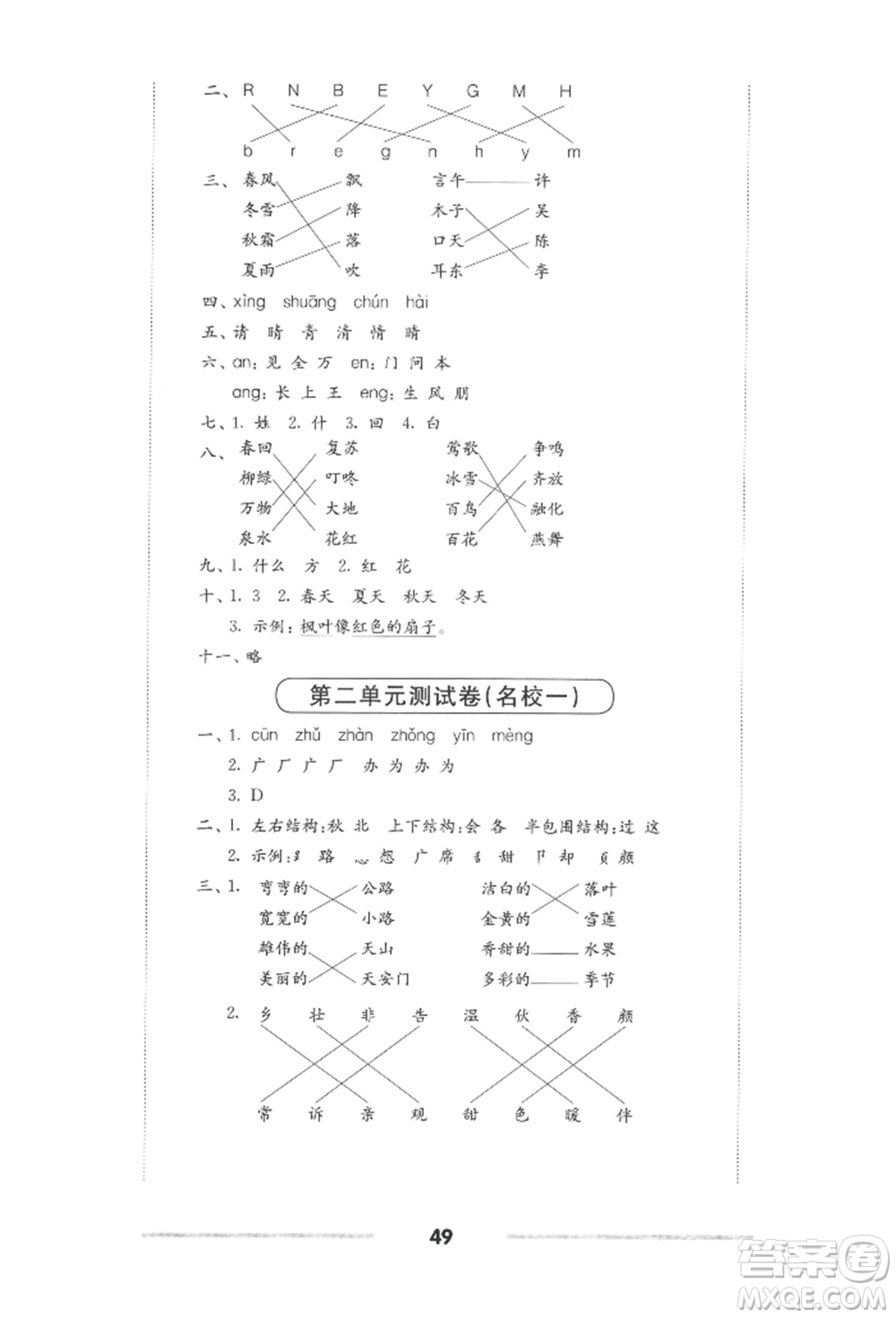 華東師范大學(xué)出版社2022上海名校名卷一年級(jí)下冊(cè)語(yǔ)文人教版參考答案