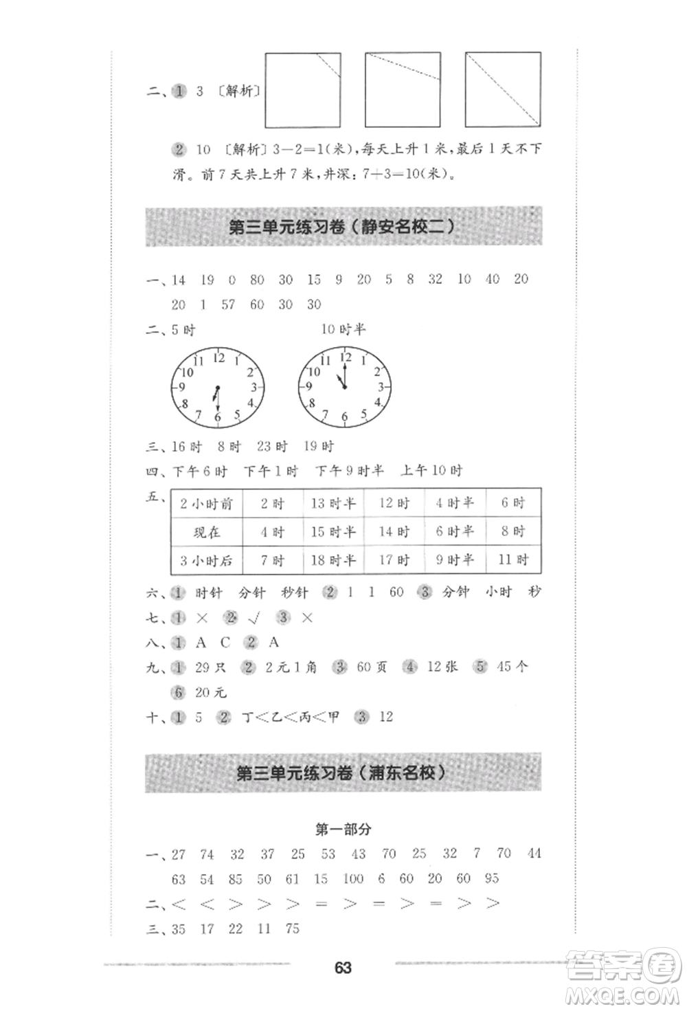 華東師范大學出版社2022上海名校名卷一年級下冊數(shù)學滬教版參考答案