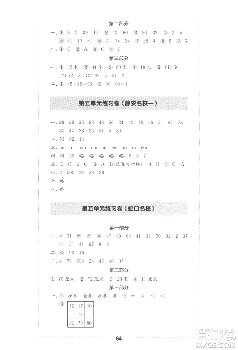 華東師范大學出版社2022上海名校名卷一年級下冊數(shù)學滬教版參考答案