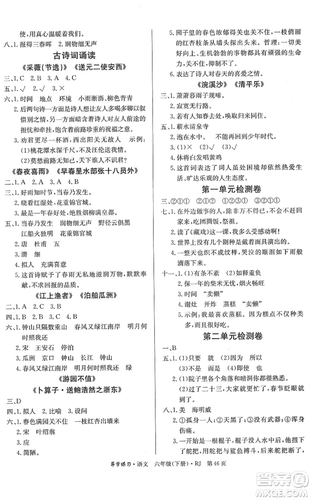 延邊教育出版社2022樂享語文導(dǎo)學(xué)練習六年級下冊RJ人教版答案