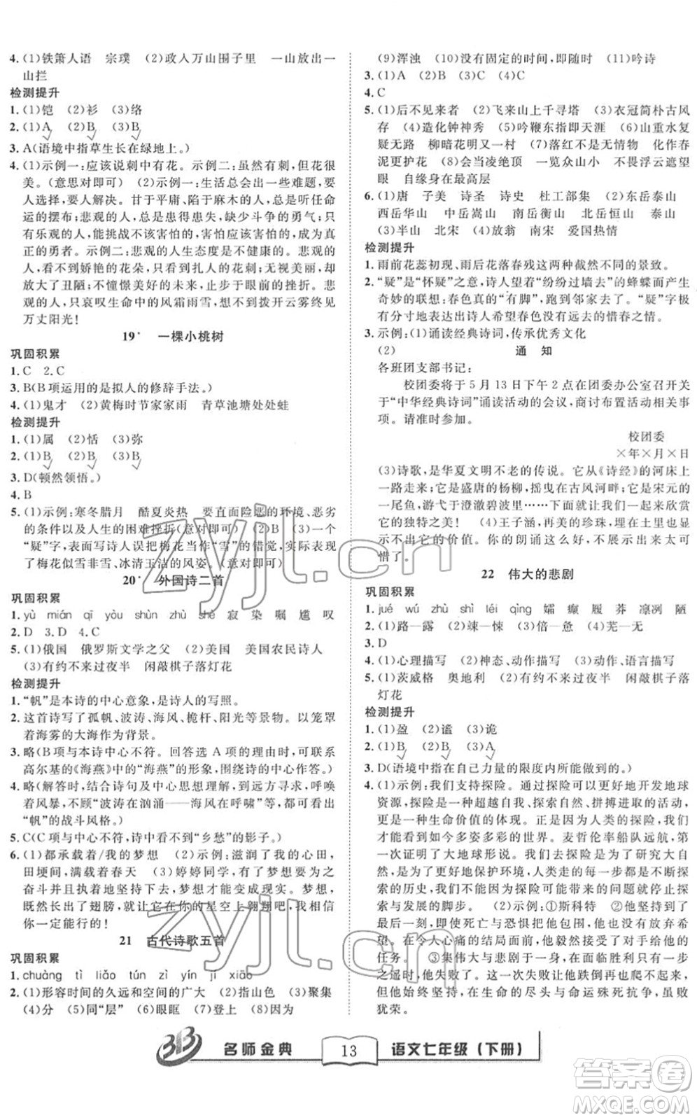 云南科技出版社2022名師金典BFB初中課時優(yōu)化七年級語文下冊R人教版答案