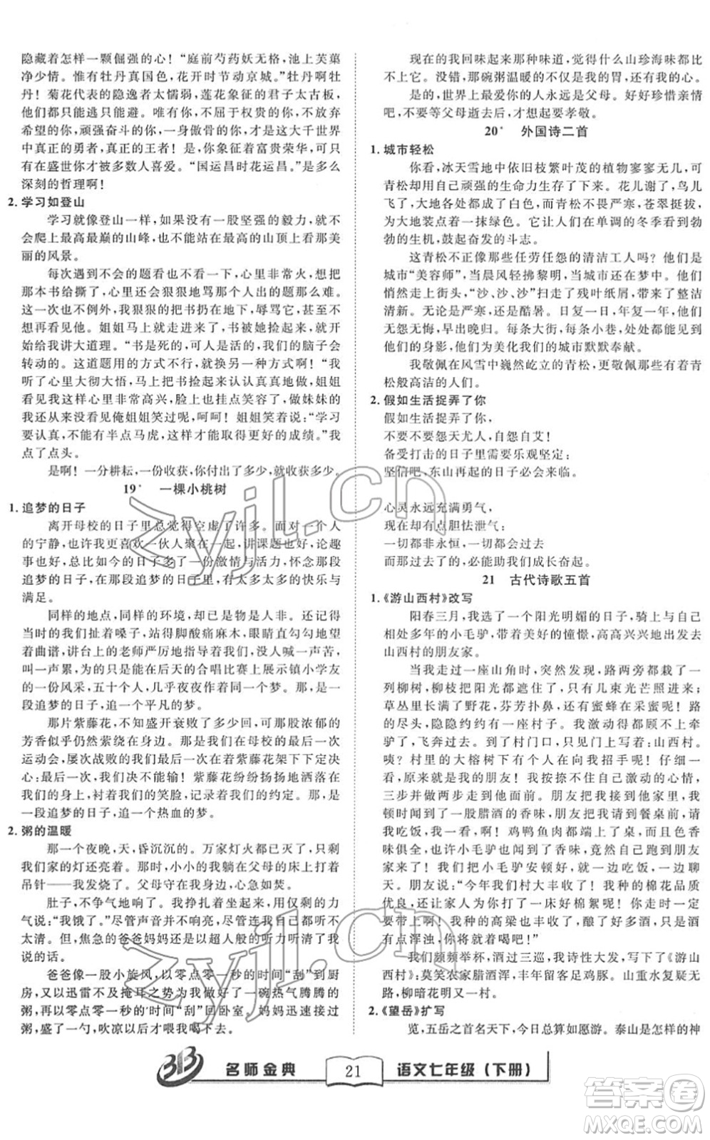 云南科技出版社2022名師金典BFB初中課時優(yōu)化七年級語文下冊R人教版答案