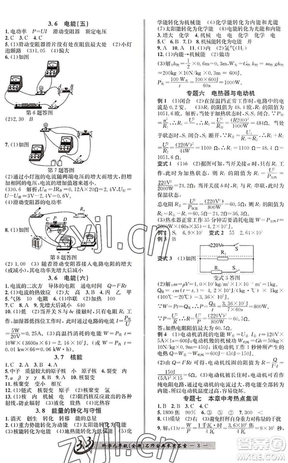 云南科技出版社2022名師金典BFB初中課時優(yōu)化九年級科學(xué)全一冊浙教版答案