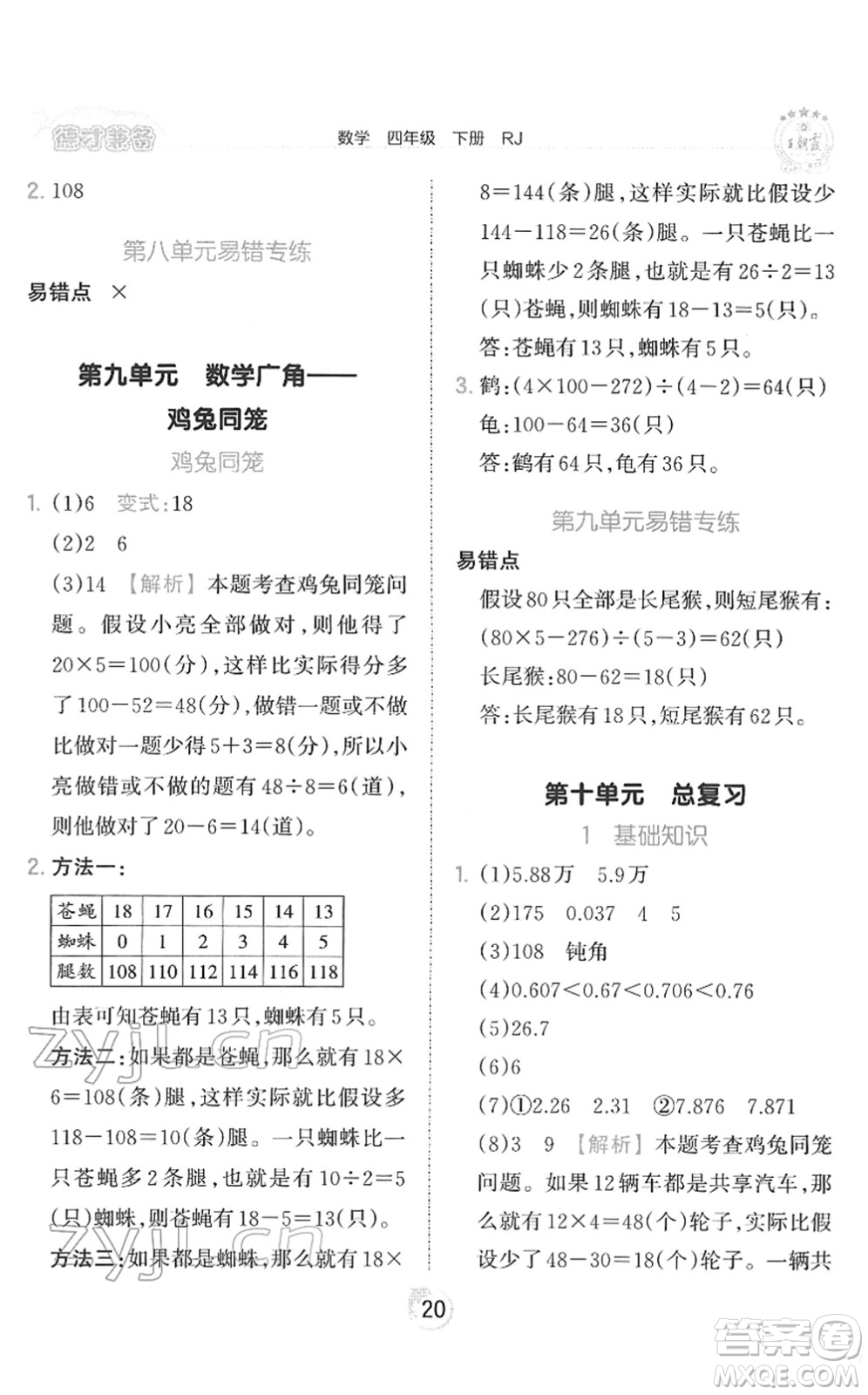 江西人民出版社2022王朝霞德才兼?zhèn)渥鳂I(yè)創(chuàng)新設計四年級數(shù)學下冊RJ人教版答案