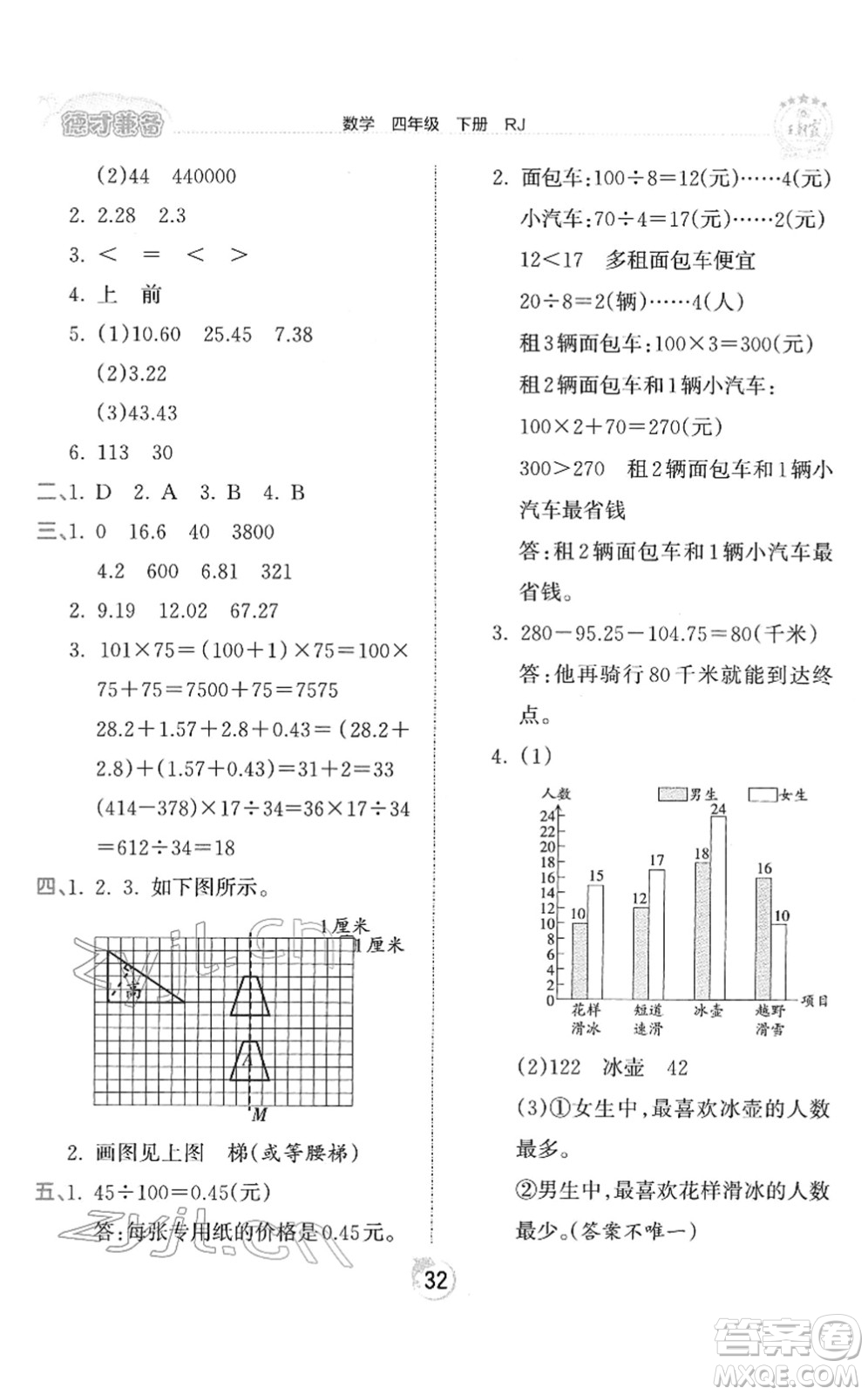 江西人民出版社2022王朝霞德才兼?zhèn)渥鳂I(yè)創(chuàng)新設計四年級數(shù)學下冊RJ人教版答案