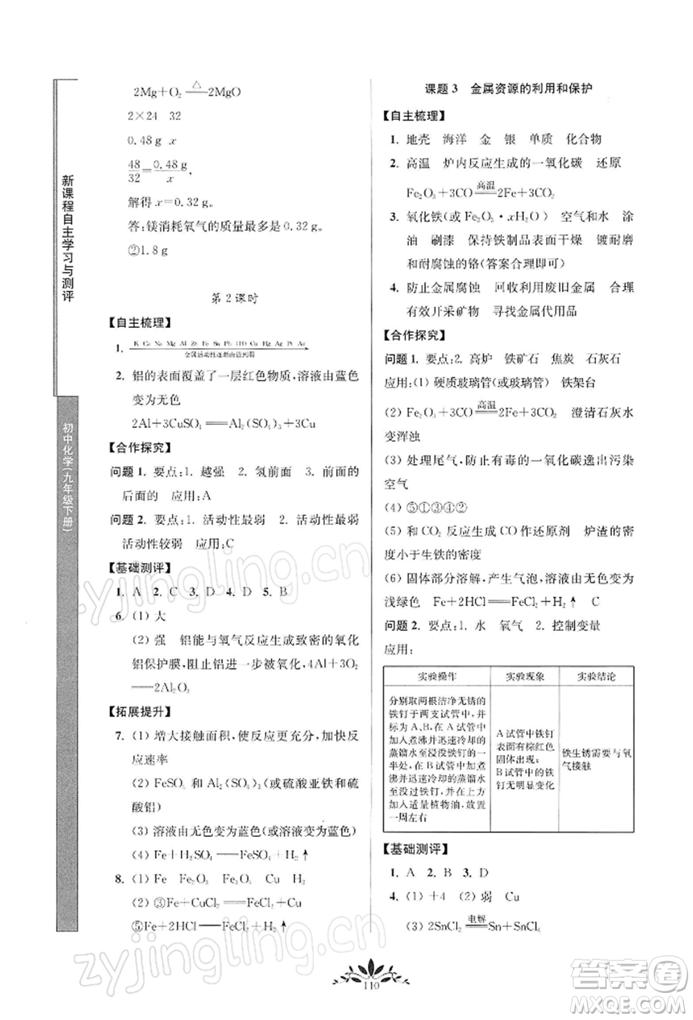 南京師范大學出版社2022新課程自主學習與測評九年級下冊化學人教版參考答案
