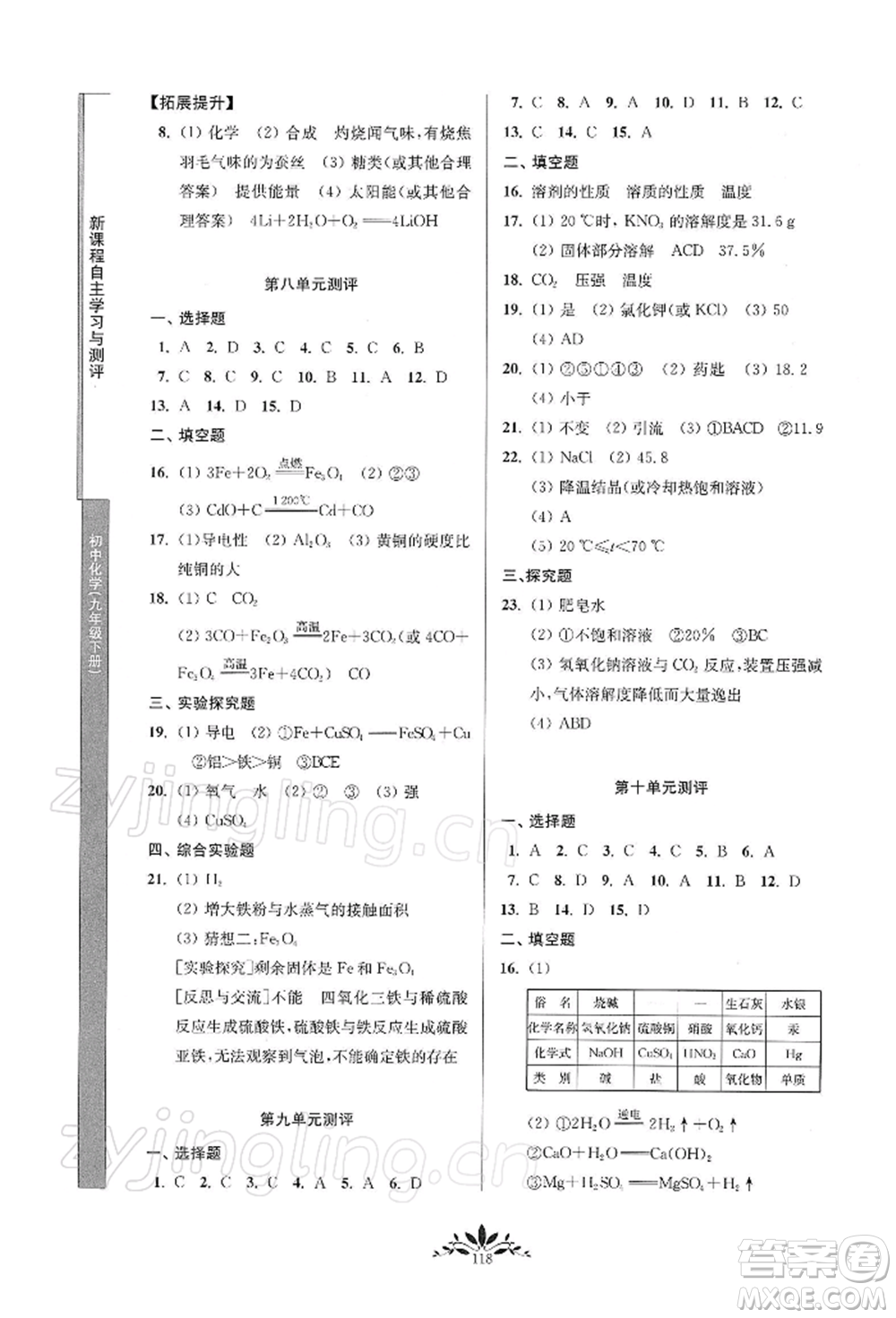 南京師范大學出版社2022新課程自主學習與測評九年級下冊化學人教版參考答案