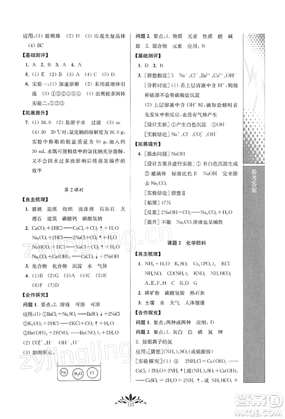 南京師范大學出版社2022新課程自主學習與測評九年級下冊化學人教版參考答案