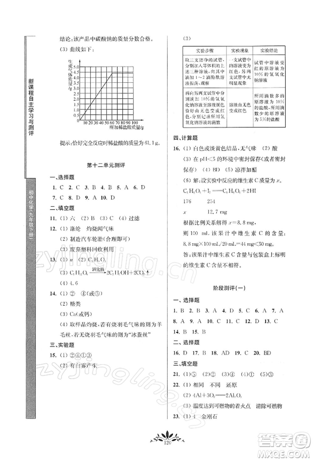 南京師范大學出版社2022新課程自主學習與測評九年級下冊化學人教版參考答案