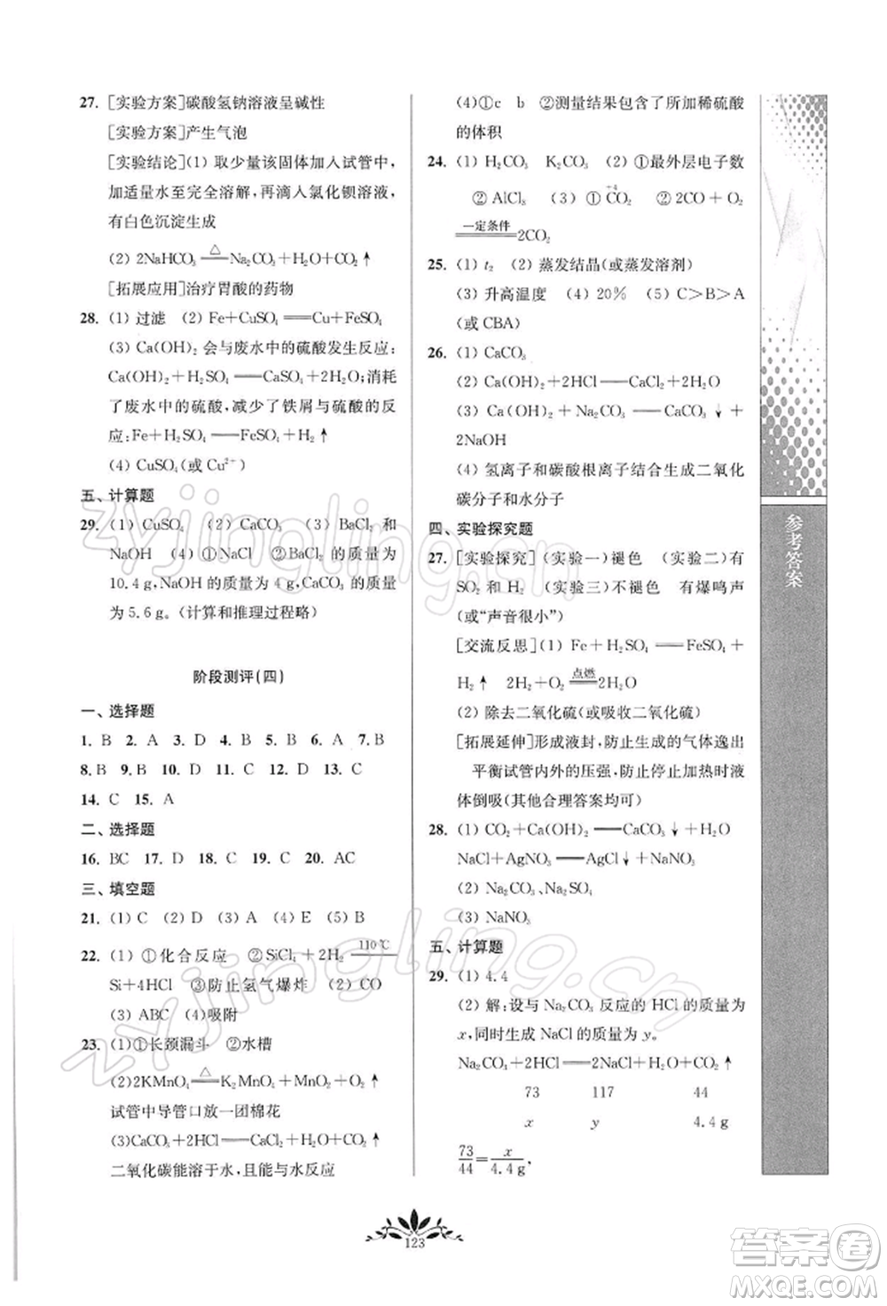 南京師范大學出版社2022新課程自主學習與測評九年級下冊化學人教版參考答案