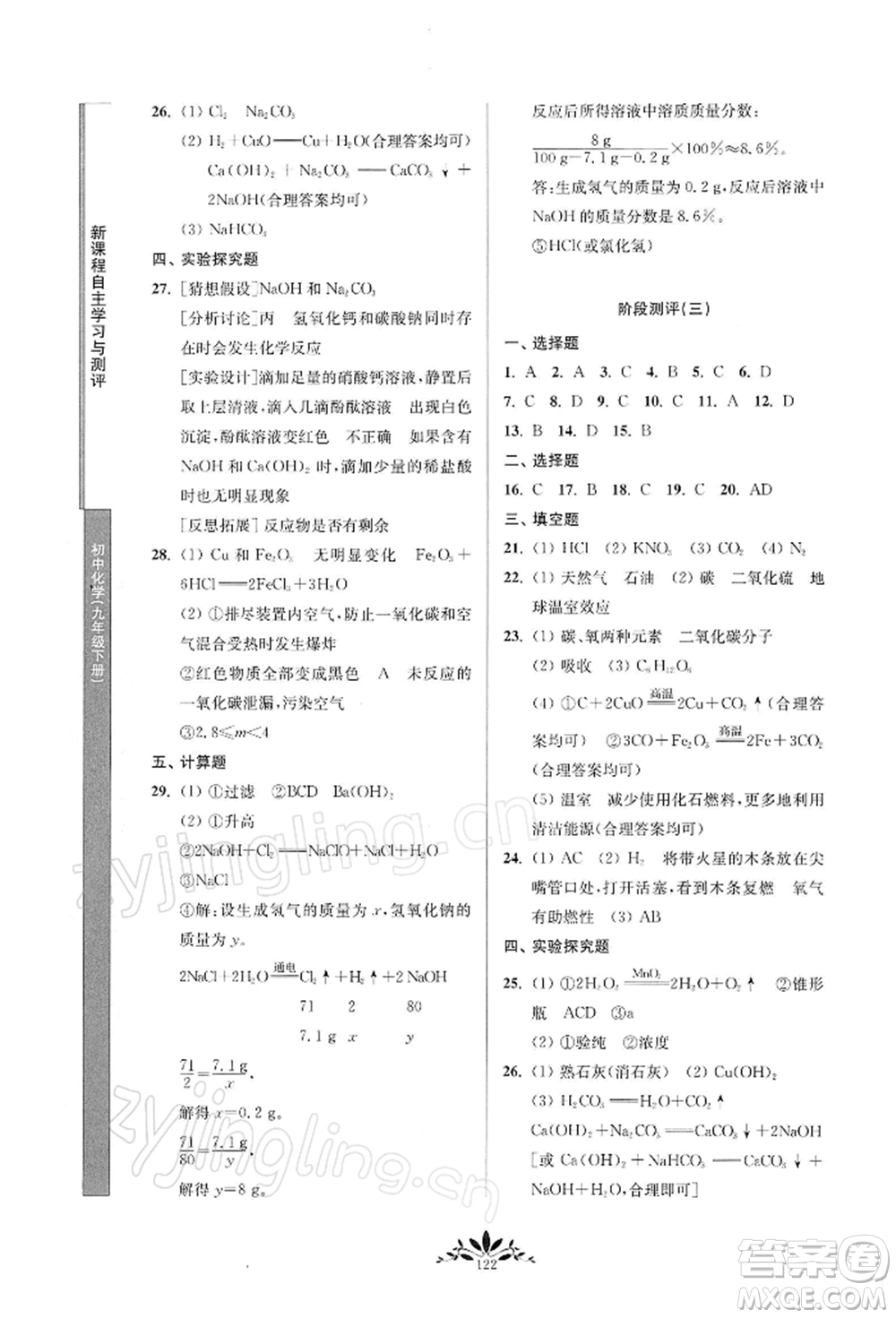 南京師范大學出版社2022新課程自主學習與測評九年級下冊化學人教版參考答案