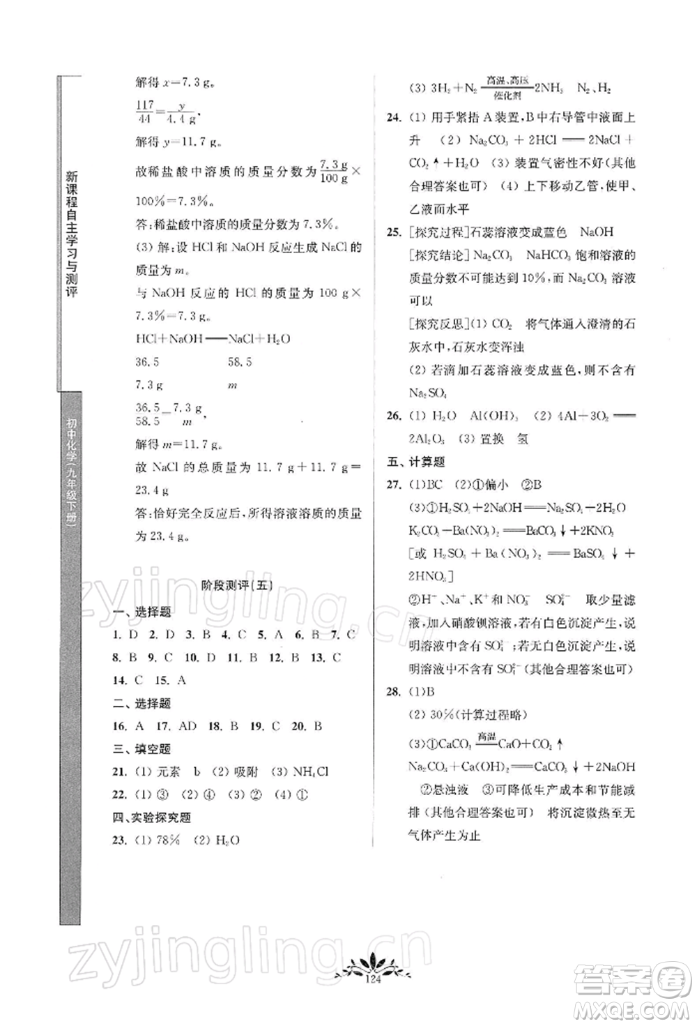 南京師范大學出版社2022新課程自主學習與測評九年級下冊化學人教版參考答案