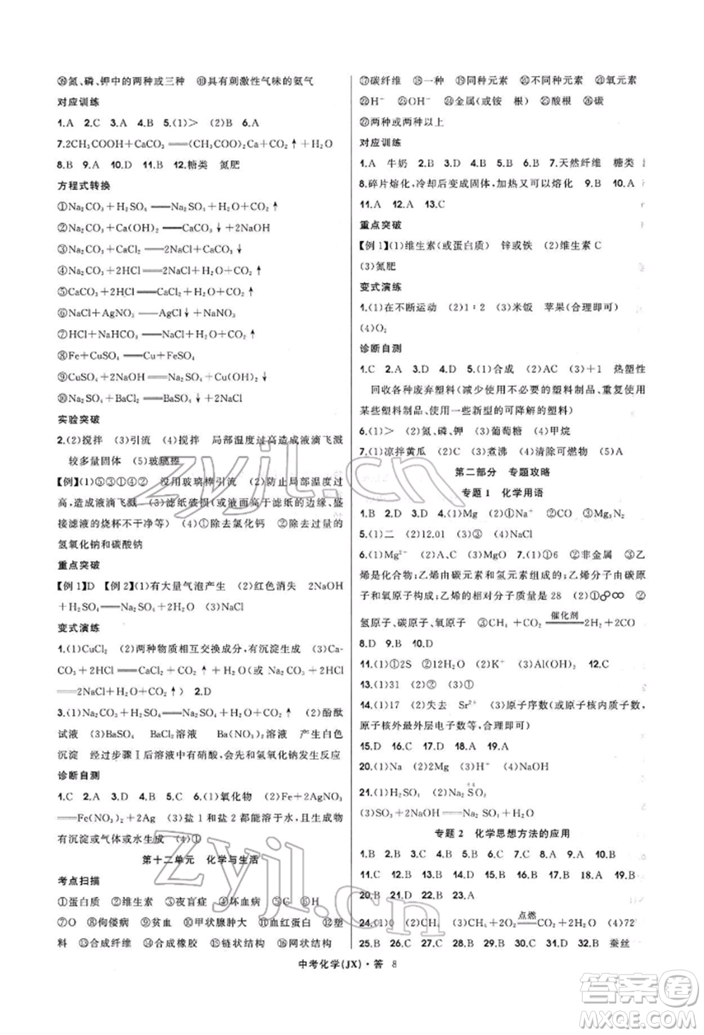 浙江工商大學(xué)出版社2022名師面對(duì)面中考滿分特訓(xùn)方案化學(xué)通用版江西專版參考答案