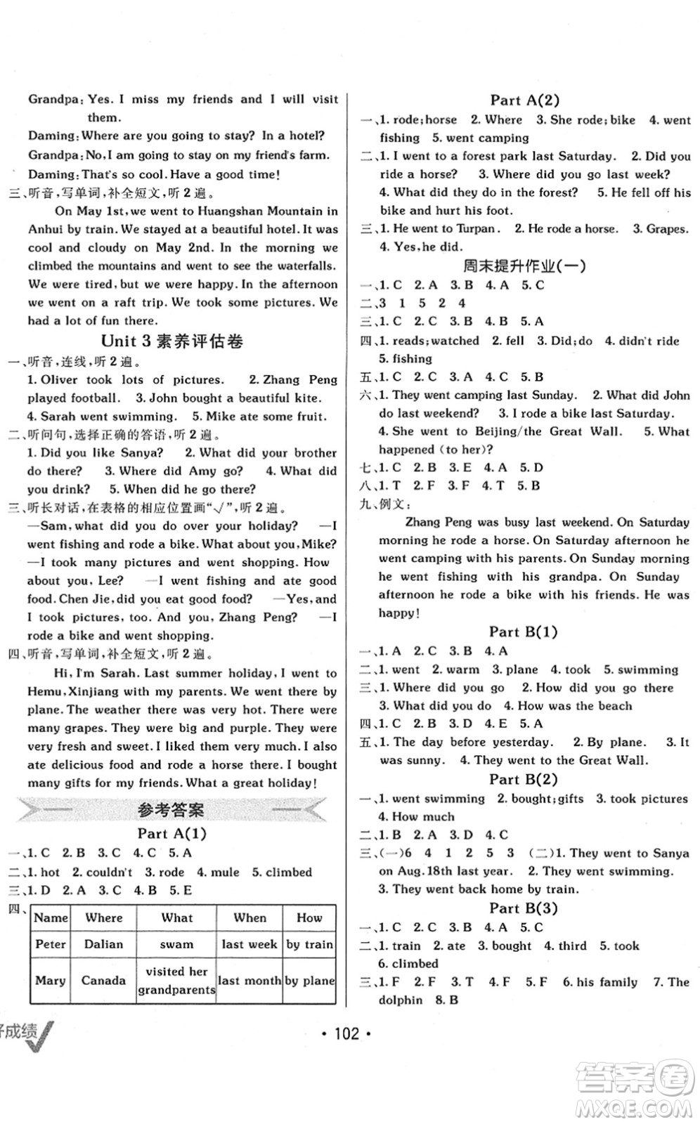 新疆青少年出版社2022同行課課100分過關(guān)作業(yè)六年級(jí)英語下冊PEP版答案
