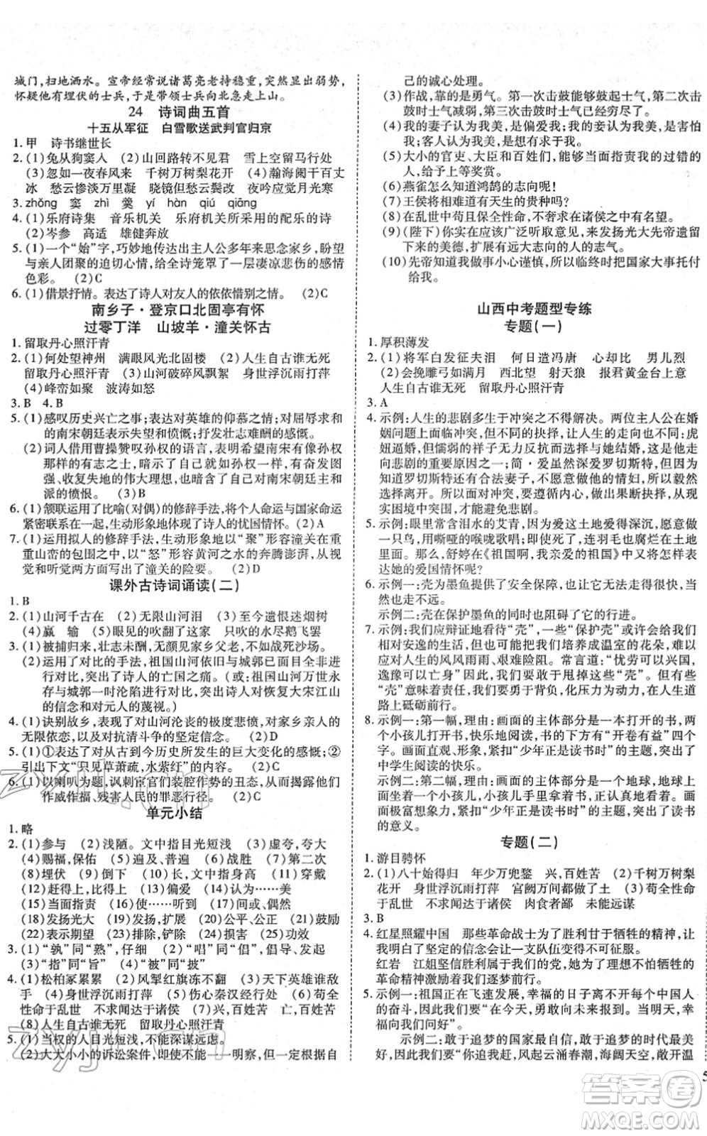 延邊教育出版社2022暢行課堂九年級語文下冊RJB人教版山西專版答案