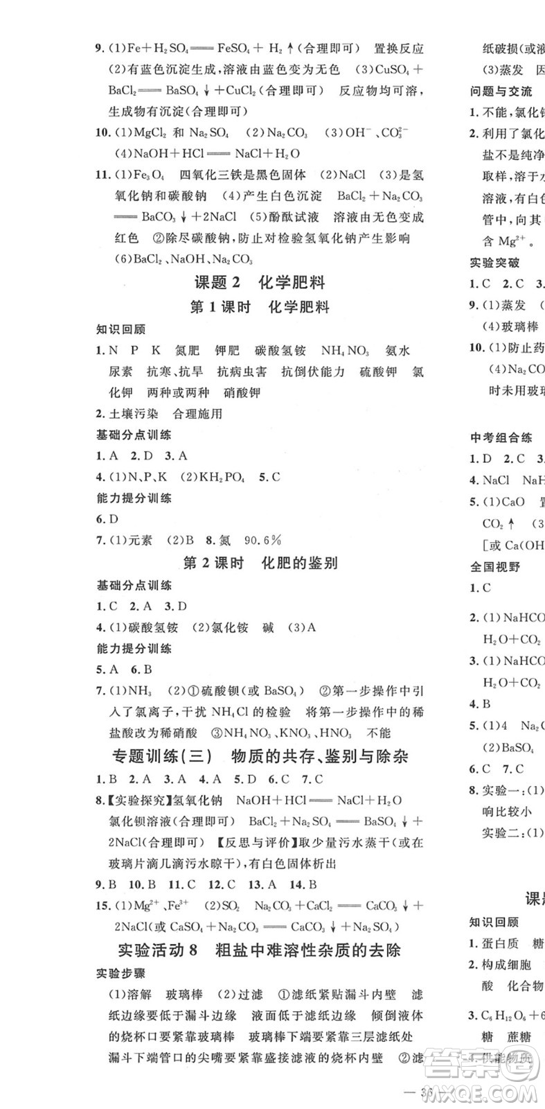 延邊教育出版社2022暢行課堂九年級(jí)化學(xué)下冊(cè)RJB人教版山西專版答案