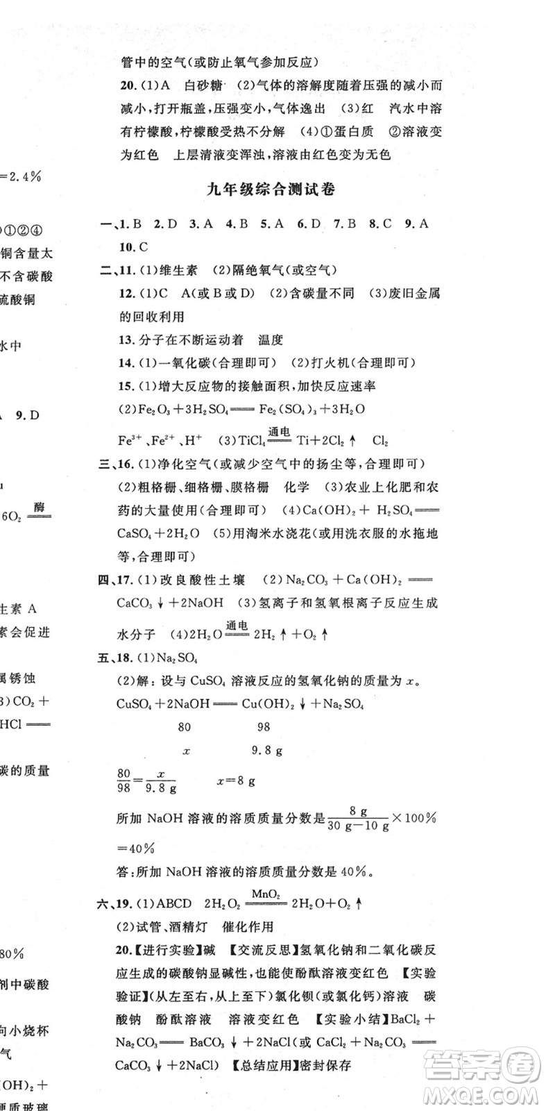 延邊教育出版社2022暢行課堂九年級(jí)化學(xué)下冊(cè)RJB人教版山西專版答案
