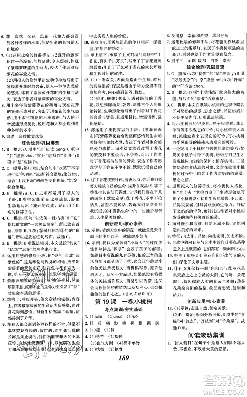 云南科技出版社2022全優(yōu)課堂考點集訓與滿分備考七年級語文下冊人教版答案