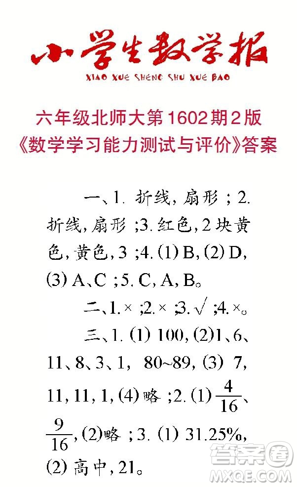 2022春小學生數(shù)學報六年級第1602期答案