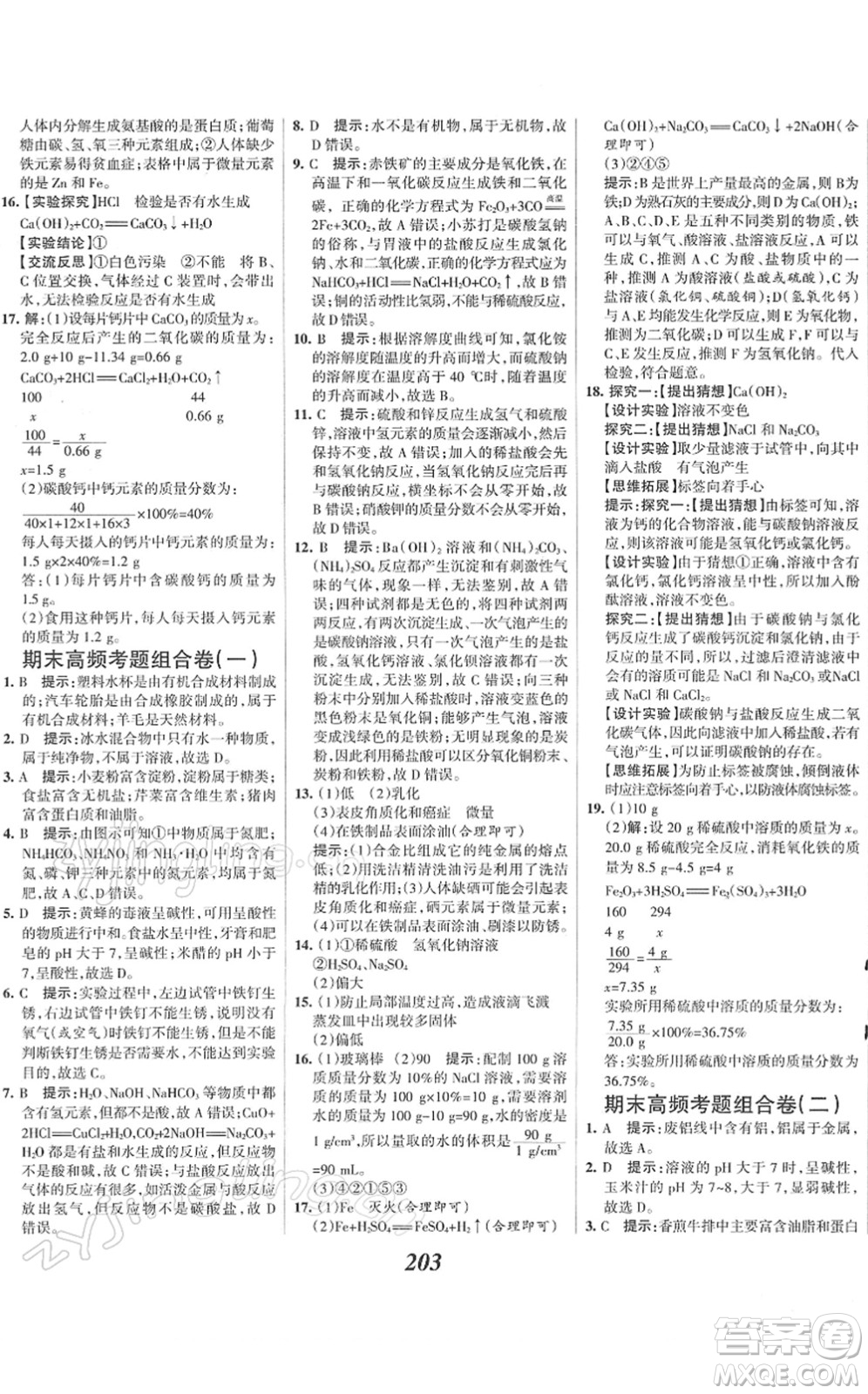 河北美術(shù)出版社2022全優(yōu)課堂考點集訓(xùn)與滿分備考九年級化學(xué)下冊人教版答案