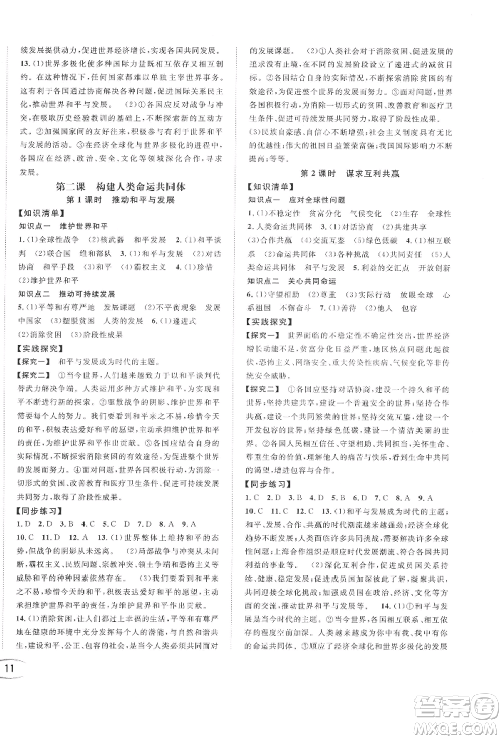 南方出版社2022全解全習(xí)九年級下冊道德與法治人教版參考答案