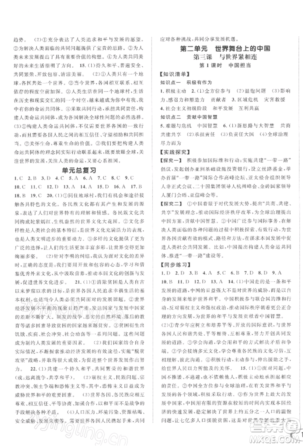 南方出版社2022全解全習(xí)九年級下冊道德與法治人教版參考答案