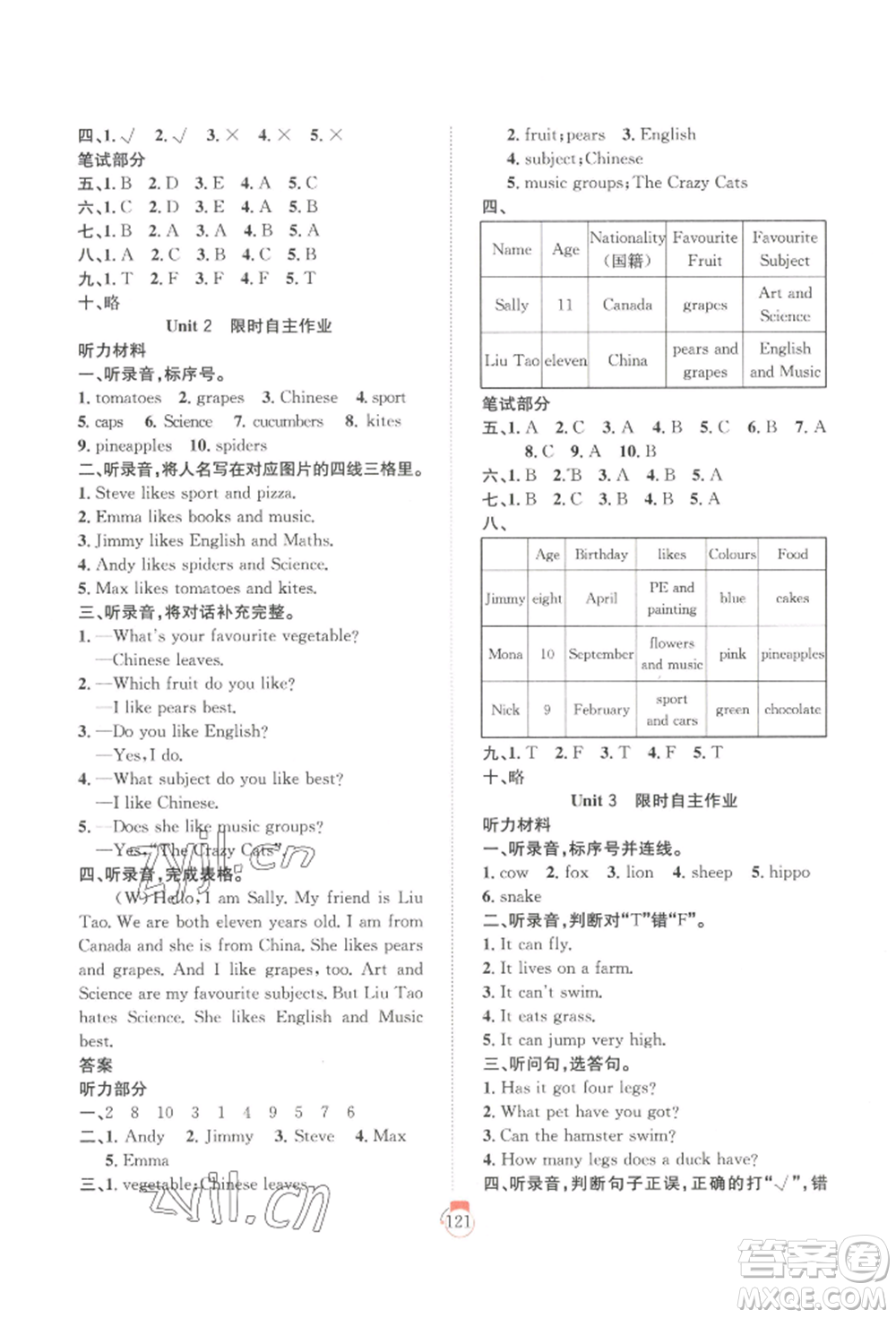 長(zhǎng)江少年兒童出版社2022優(yōu)質(zhì)課堂快樂(lè)成長(zhǎng)四年級(jí)下冊(cè)英語(yǔ)劍橋版參考答案