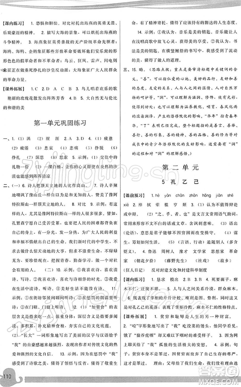 福建人民出版社2022頂尖課課練九年級語文下冊人教版答案