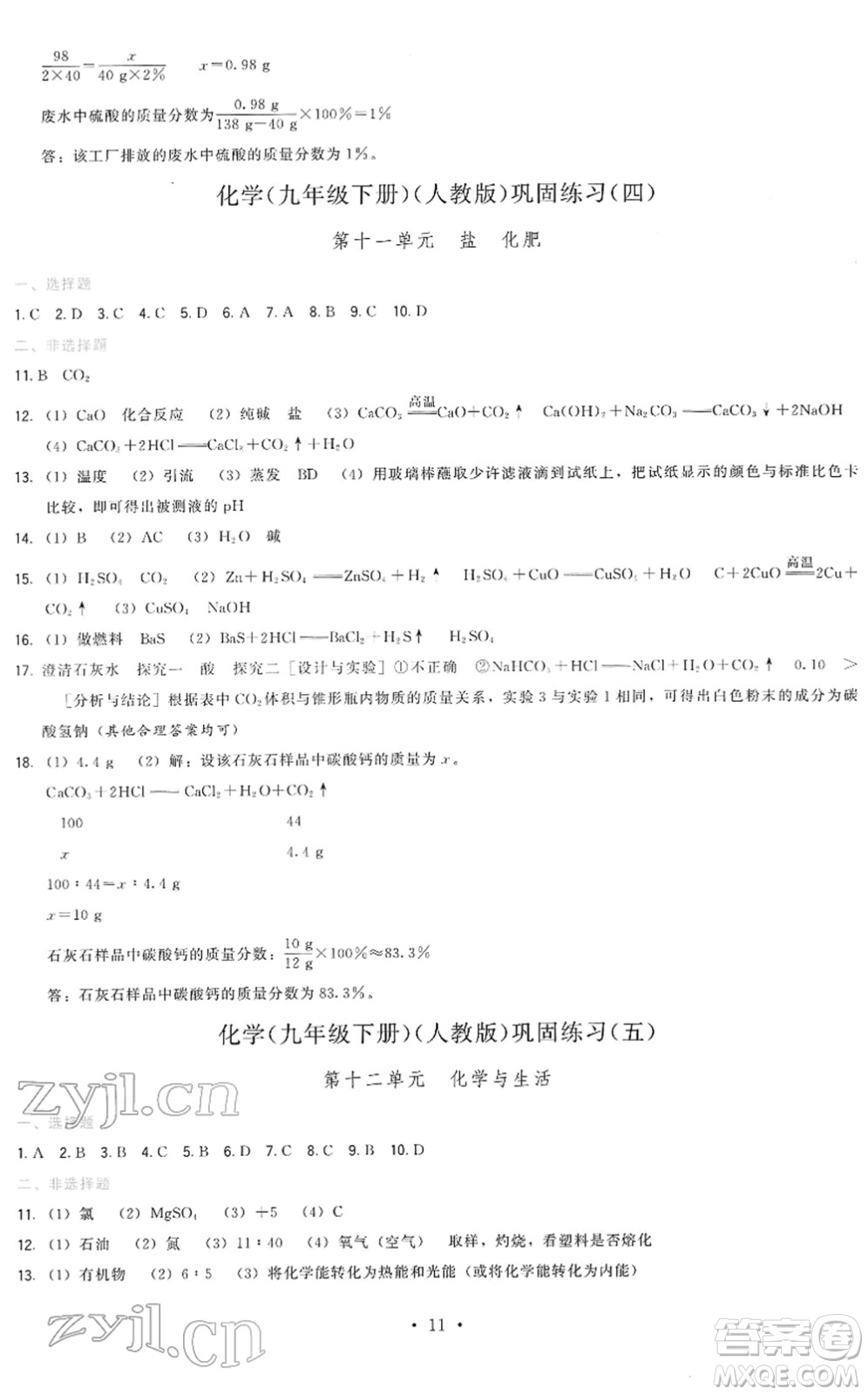 福建人民出版社2022頂尖課課練九年級化學(xué)下冊人教版答案