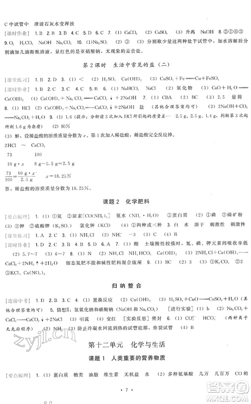 福建人民出版社2022頂尖課課練九年級化學(xué)下冊人教版答案