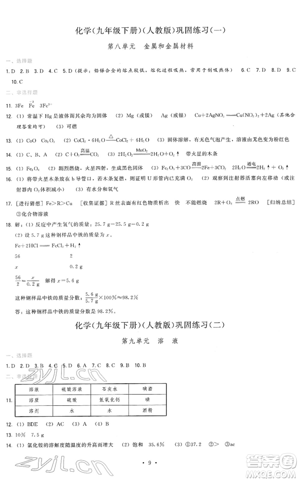 福建人民出版社2022頂尖課課練九年級化學(xué)下冊人教版答案