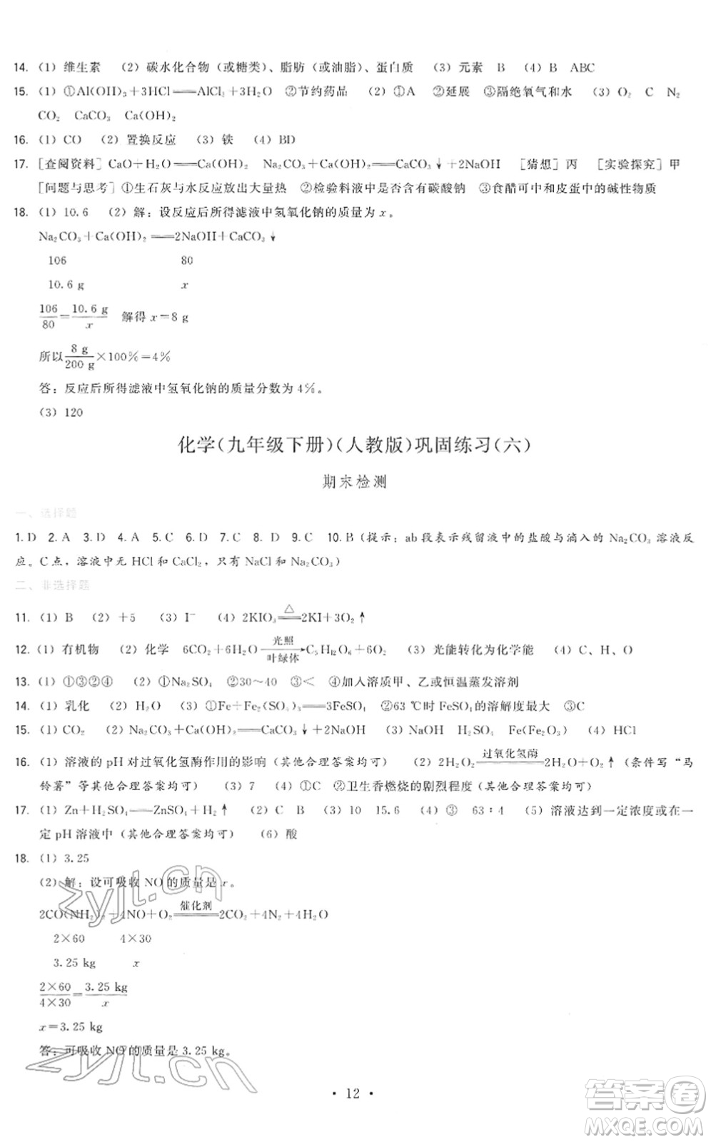 福建人民出版社2022頂尖課課練九年級化學(xué)下冊人教版答案