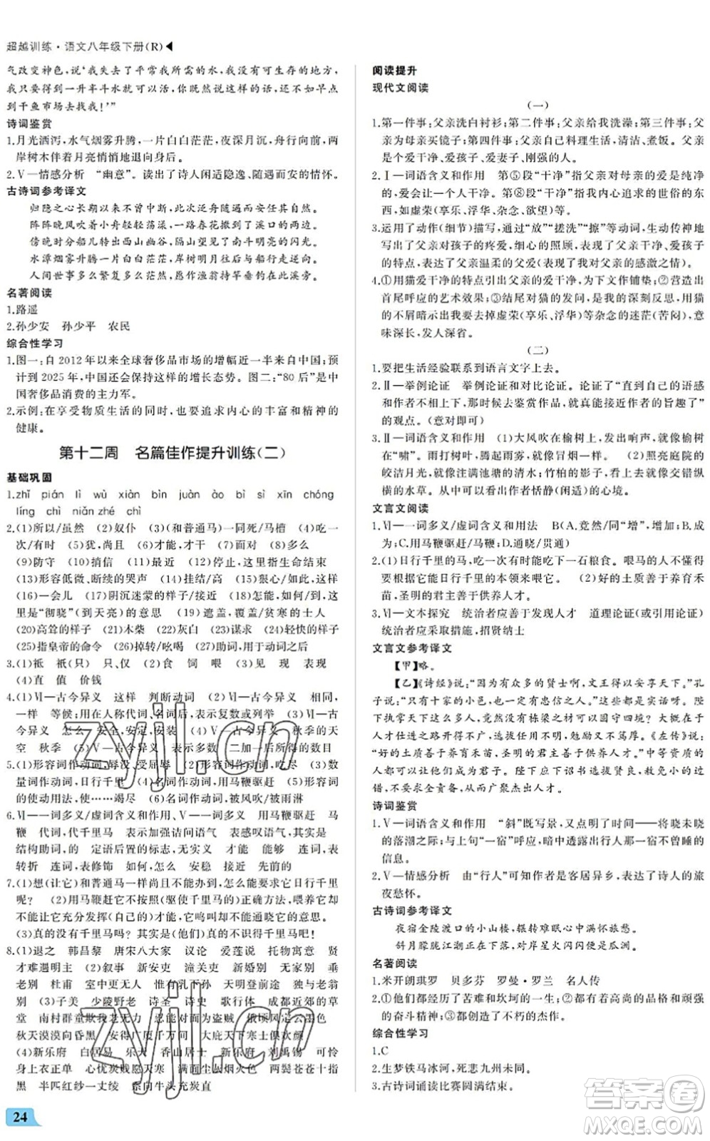 內(nèi)蒙古大學(xué)出版社2022超越訓(xùn)練八年級語文下冊R人教版答案